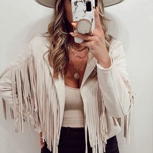 ❤️Hello Fringe! Western Vegan Suede Fringe Open Front Cropped Jacket-Beige